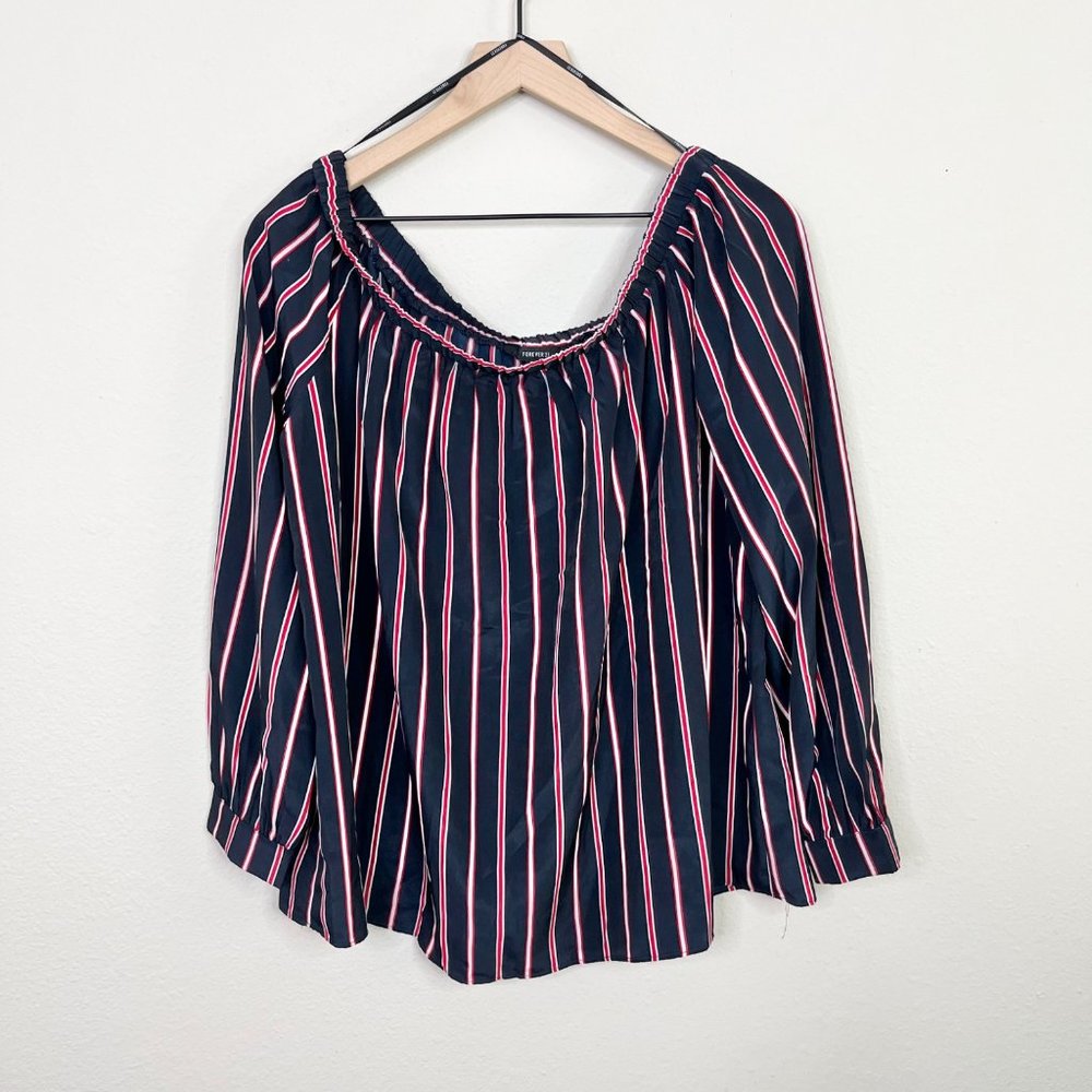 Forever 21 Juniors Off The Shoulder Long Sleeve Blouse Size Large Stripe Button